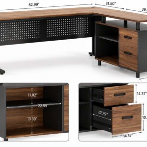 63 Inch Executive Desk with File Cabinet, Large Office Desk L Shaped Computer Desk with Drawers and Storage, Customized
