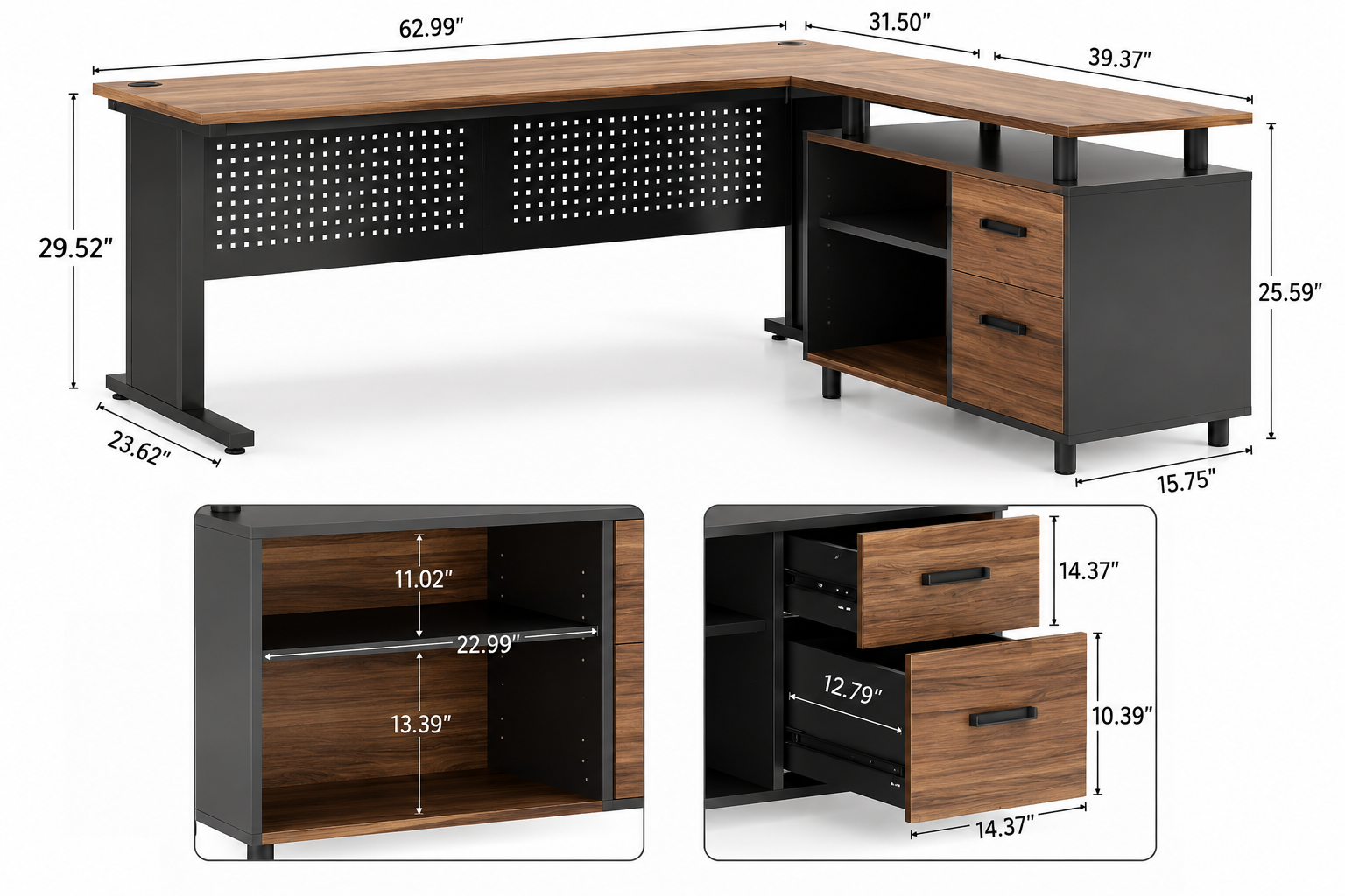 63 Inch Executive Desk with File Cabinet, Large Office Desk L Shaped Computer Desk with Drawers and Storage, Customized